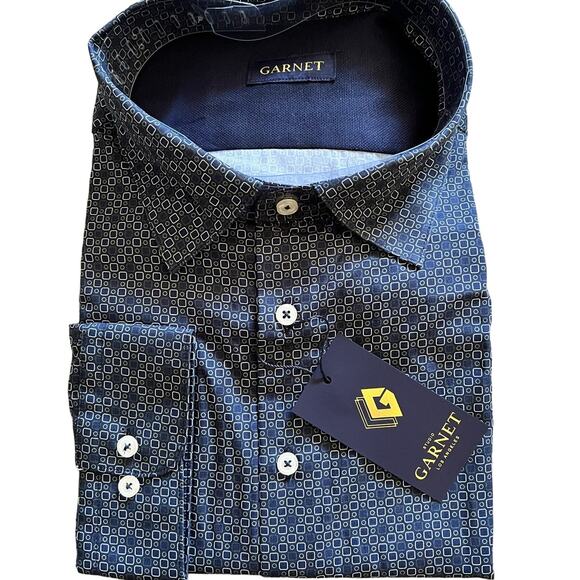 Garnet Los Angeles Button Up Shirt 3X Mens Navy Geometric Long Sleeve Work New - Picture 1 of 8